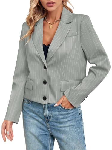 CICY BELL WOMENS CROPPED STRIPED BLAZER CASUAL LONG SLEEVE LAPEL BUTTON DOWN WORK BLAZER JACKETS GREY