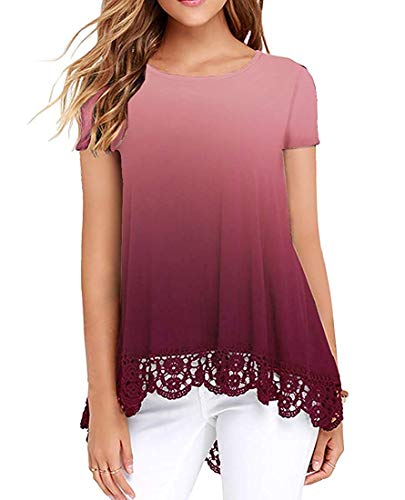 ZEGOLO Women's Tunic Tops Short Sleeve Lace Trim O-Neck A-Line Loose Casual Gradient T-Shirt Blouses for Leggings Burgundy X-Large