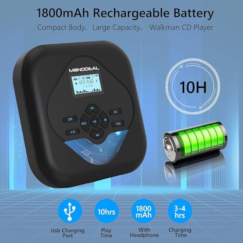 MONODEAL CD Player Portable,Bluetooth CD Player with Speakers,Rechargeable Player for Car and Home,Small Anti-Skip Player with Dual Headphone Jacks,WAV/FLAC/MP3/CD Compatible