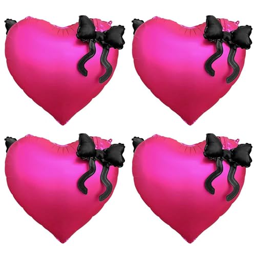Hot Pink Heart Shaped Foil Balloons with Black Bow