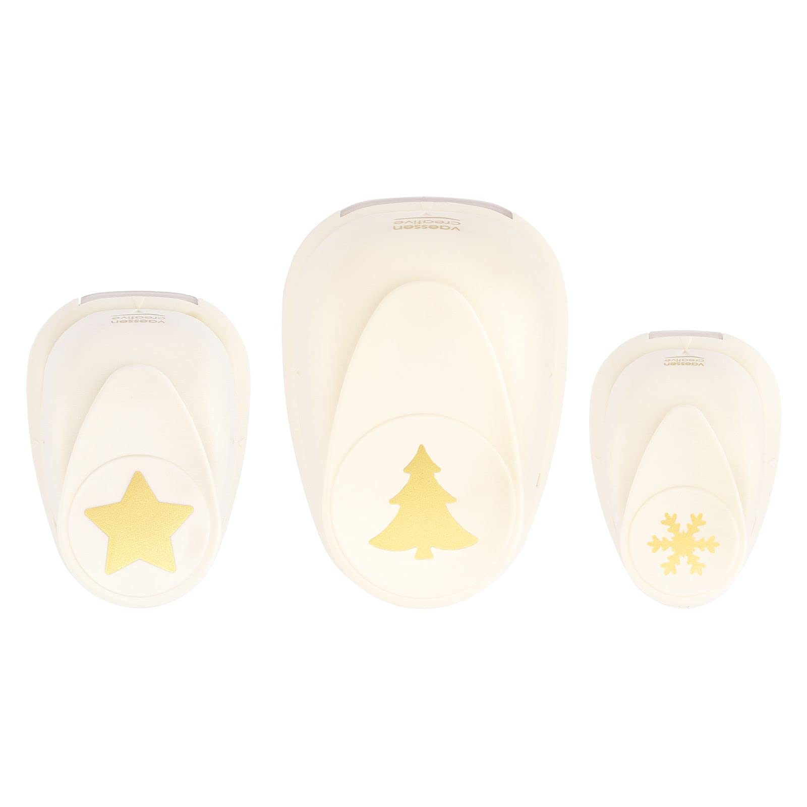 Vaessen Creative Craft Paper Punch - Christmas - 3 Pcs - Various Sizes - Circle Cutter for Crafting and Card Making - Snowflake, Christmas Tree, Star, Ivory