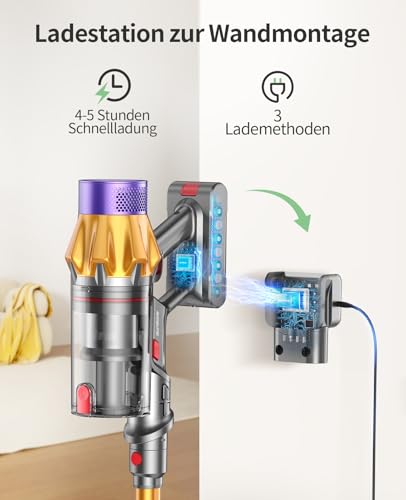 SunSare Akku Staubsauger Kabellos 600W/50000Pa/65Min, Akkustaubsauger mit 1M Schlauch, Wandladehalterung, Aromafunktion, Selbststehend, für Hartböden Teppiche Tierhaare