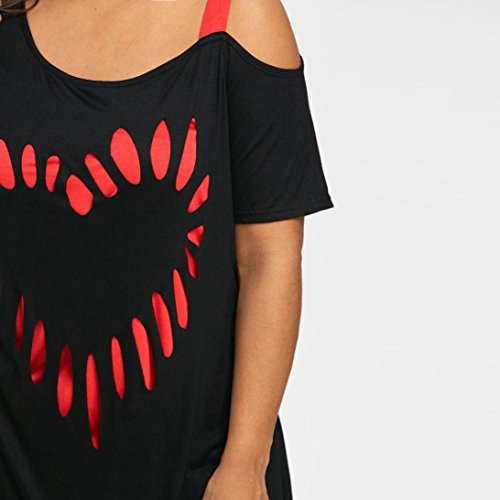 TIFENNY Plus Size Tops, Women Love Printing Shirt Short Sleeve Casual Shirt Shoulder Top (XXL, Black) - Thumbnail 3