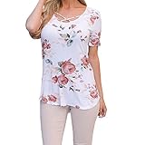 Womens Casual Floral Print T Shirts Summer V Neck Short Sleeve Criss Cross Tunic Tops Blouses
