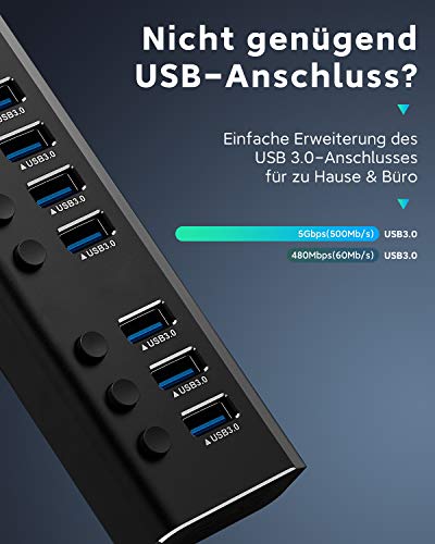 RSHTECH USB 3.0 Hub with 24W Power Supply USB Hub 7 Ports, for Charging and Data Transfer, Multiport USB Hub with Individual Switches and Power Supply