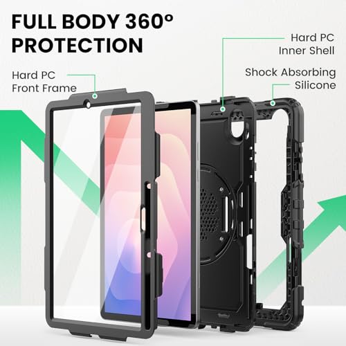 SEYMAC Case for Samsung Galaxy Tab S11 2025 11 Inch SM-X730/SM-X736B, Tablet Case with 360° Rotating Strap and Stand, Pen Holder, Protective Film, Shoulder Strap, Black