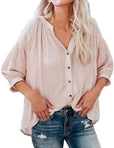 Womens V Neck Blouse Button Down 3/4 Puff Sleeve Loose Summer Shirts Tops