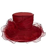 Women Kentucky Derby Church Dress Organza Hat Wide Brim Flat Hat (8 Colours) (Claret)