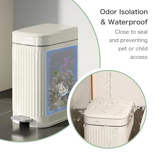Orchid M® 10L Bathroom Trash Can with Lid, Press-Top Lid & Foot Pedal 2-in-1 Garbage Can, 2.6 Gal Plastic Wastebasket Soft Close, Dog proof, Slim Step-On Trash Bin for Kitchen/Office/Bedroom (White)