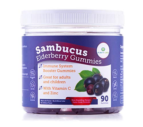Elderberry Gummies for Kids & Adults - Sambucus Immune System Booster (90 Gummies) Allergy Cold Relief Supplement - Vitamin C Zinc Multivitamin, Organic, Vegan, Blueberry Flavor