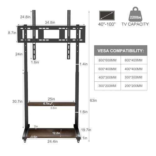 medla Mobile TV Stand for 40-100 Inch TV, Heavy Duty Rolling TV Cart with Lockable Wheels, Height Adjustable, 2 Shelves, VESA 600x400mm Floor TV Mount