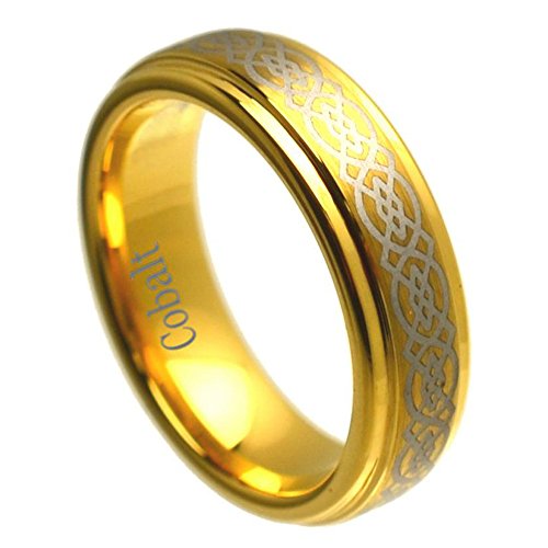 6mm Cobalt Chrome Wedding Band Ring Yellow Gold Plated Stepped Edge High Polish Laser Engraved Celtic Knot Pattern (9)