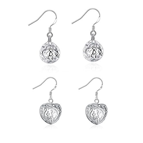 2 Paris Silver Drop Dangle Earrings for Women Girl Ball Heart Earrings Plated Sterling Silver, with BuycitKy PU Jewelry Pouch