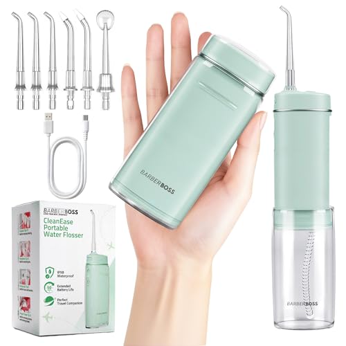 BarberBoss Travel Water Flosser, Pocket Flosser with 3 Pressure Settings, 6 Tips (3 Standard, Orthodontic, Periodontal, Tongue Cleaner), Portable Cordless Oral Irrigator, QR-7115 (Green)