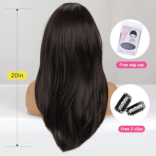 OUFEI 20 Inches Long Straight Dark Brown Gradient Synthetic Hair Wigs with Fringe for Women Daily Use for Party