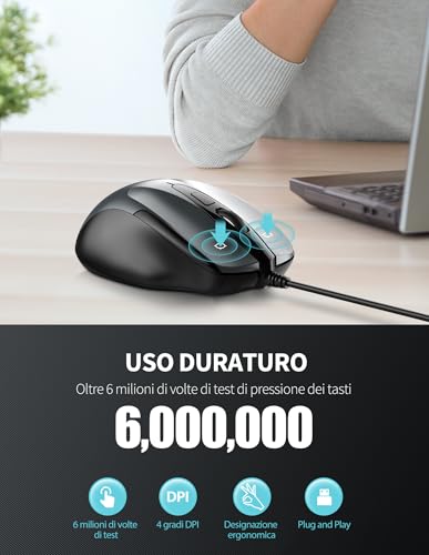 TECKNET PRO Wired Mouse, 6400 DPI Wired Optical Mice, 6 Buttons, 1.5M USB Cable, Plug and Play, Ergonomic Wired Mouse for PC, Computer, Laptop - Grey