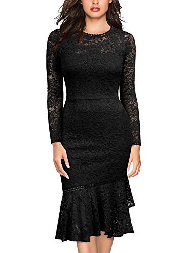 Miusol Women's Retro Floral Lace Long Sleeve Wedding Bridesmaid Dress,Small,C-Black