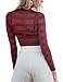 Leadingstar Women Long Sleeve High Collar Stripe Slim Fit See Through Mesh Tops T-Shirts Blouse Wine Red XL