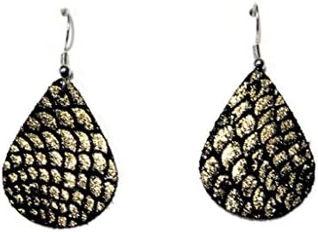 Handmade Fish Scale Metallic Gold/Black Small Teardrop Leather Earrings