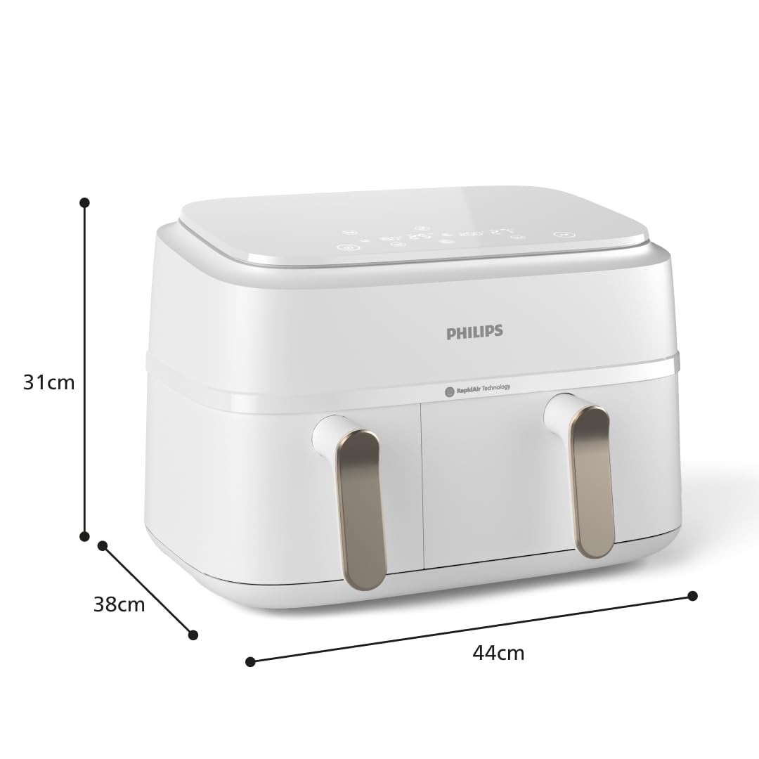 Philips Airfryer 3000 Series Dual Basket, Heißluftfritteuse mit 2 Körben, 9L Kapazität (6L+3L), RapidAir Plus Heißlufttechnologie, 90% weniger Fett, Rezepte-App, Spülmaschinenfest, Weiß (NA353/10) 4