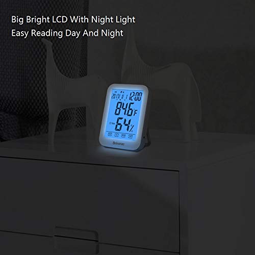 Brinonac Digital Hygrometer Newest Home Office Electronic Thermometer Big LCD Touch Screen Time Clocker with Backlit Calander Clock Alarm Voice Control Thermometer Humidity Monitor for Indoor Outdoor