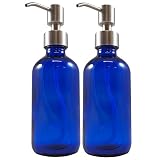 8oz Cobalt Blue Glass Boston Round Bottles w/Stainless Steel Pumps (2 pack), Great for Essential Oils, Lotions and Liquid Soap