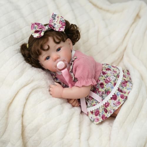 Boneca Bebê Reborn Realista Silicone 48cm Presentes para Meninas | Cabelo Implantado Olhos Azuis Vestido Rosa com Chupeta Magnética