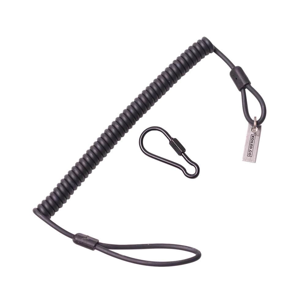 Koiled Military-Grade Braided Kevlar Cord Lanyard Retractable Keychain- Carabiner Clip, 265lb/120kg Breaking Strength - Security Belt Key Chain Tether Strap for Weapons, Guns, Keys, Tactical Gear
