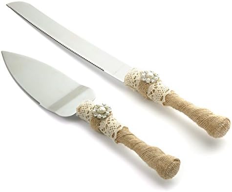 Vsolucky Rustic Wedding Cake Knife and Server Set, Country Wedding Cake Cutter Set, Rustic Burlap Twine Wedding Bridal Shower Gift