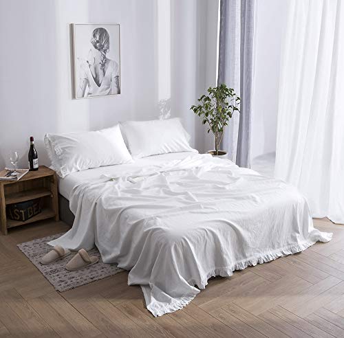 Simple&Opulence Belgian Linen Sheet Set 4PCS Solid Color Ruffles Flouncing(Full,White)