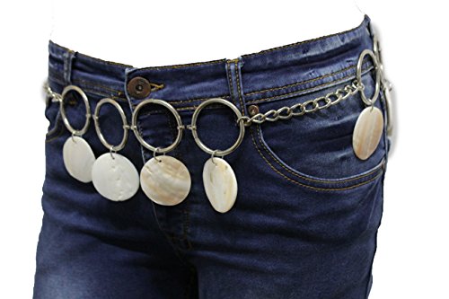 TFJ Women Beige Tie Belt Bohemian Fashion Hip Waist Silver Rings Seashells M L XL