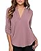 roswear Women's Chiffon V-Neck Business Casual Blouse Work Tops with Cuffed Sleeves Dark Pink X-Large