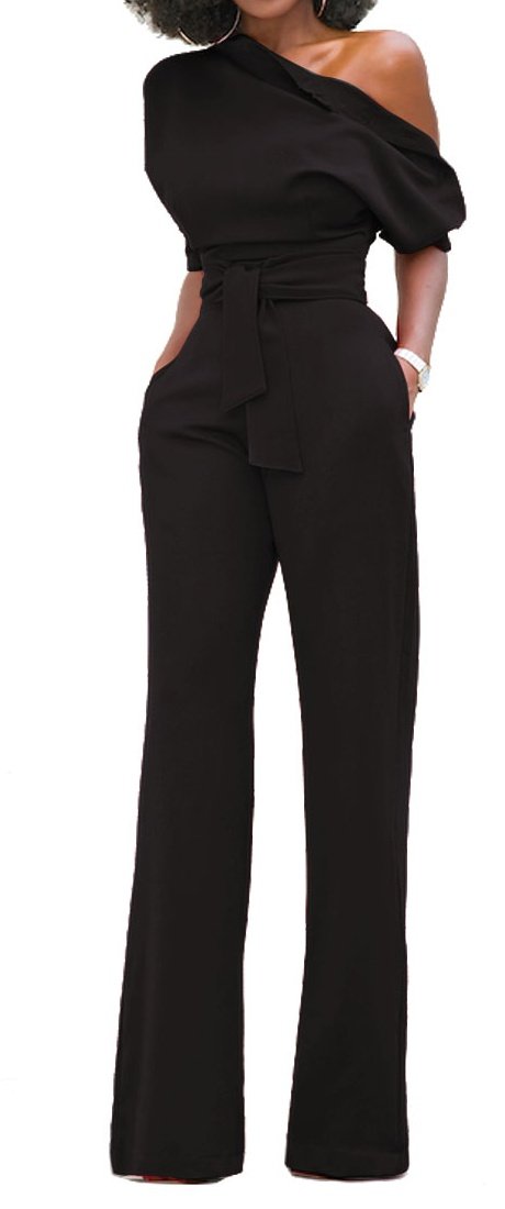 Elastic Waist 3/4 Sleeve Off Shoulder Jumpsuit Romper Women Plus Size Black XL