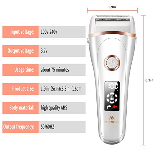Miserwe Womens Electric Razor Painless Lady Shaver Wet & Dry Cordless Rechargeable Women's Hair Remover Body Hair Remover for Legs Bikini and Underarms with LED Display