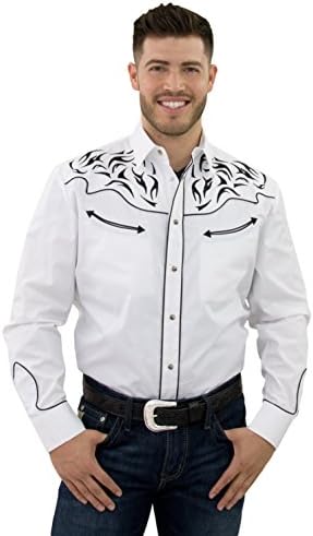 STARR Western Cowboy Shirt for Men by Snap Front, Long Sleeve, Embroidered, Retro | Flame Design, Smile Pockets | Trim Fit SHC001-WHITE-Size-XL