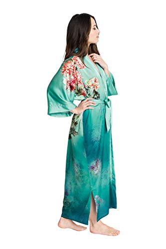 Old Shanghai Women's Kimono Robe Long - Watercolor Floral, Coral Chrysanthemum- Meadow Blue, One Size. - Thumbnail 5