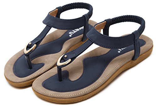 DolphinGirl Bohemian Simple T-Strap Summer Vacation Flat Thong Sandals, Navy Blue Herringbone Glitter Shiny Golden Metal Shoes for Dressy Casual Jeans Daily Wear and Beach Vacation