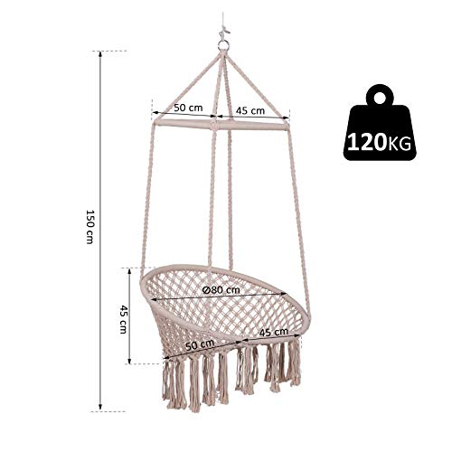 Outsunny Hängesessel Hängeschaukel Schwebesessel Hängestuhl Vintage Ethno wetterfest UV-beständig Baumwolle + Metall Beige Ø80 x H150 cm bis 100 kg – Bild 8