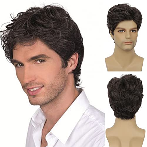 Beweig Short Wig Men Brown Layered Curly Wig Synthetic Halloween Costume Hair Wigs Wig Cap, Y9029-Brown