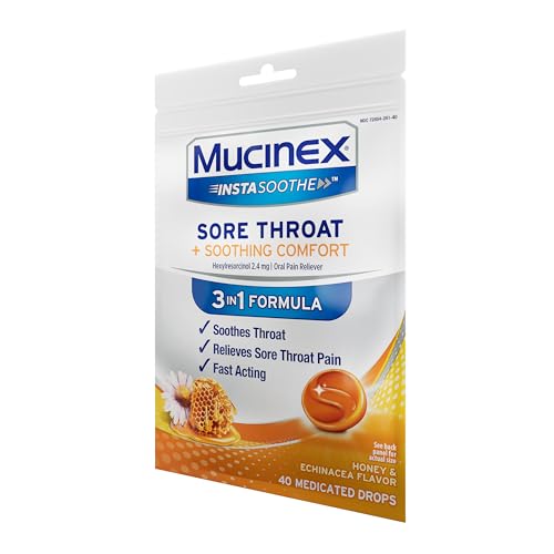 MUCINEX INSTASOOTHE SORE THROAT RELIEF DROPS, SORE THROAT LOZENGES, SORE THROAT MEDICINE WITH HEXYLRESORCINOL, COUGH DROPS ALTERNATIVE, HONEY & ECHINACEA FLAVOR MEDICATED NUMBING THROAT DROPS, 40 CT