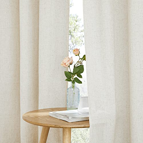 PONY DANCE Living Room Curtains, Linen Boho Eyelet Curtain, Set of 2, H 245 x W 140 cm, Beige, Linen-Look Curtains with Eyelets, Semi-Transparent Linen Curtains for Bedroom