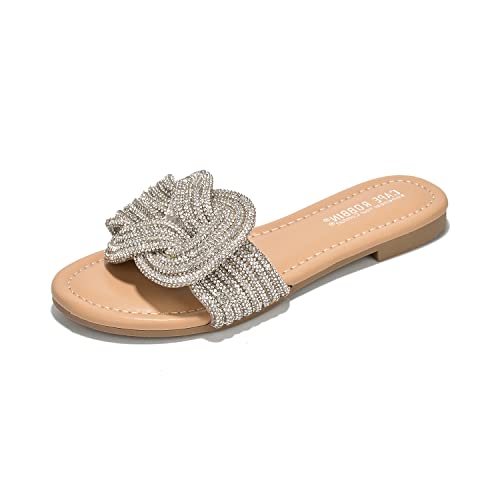 Cape Robbin Women's Glitter Flat Slide Sandals | Dressy Open-Toe Summer Sandals with Rhinestone Knot (Jeffer), Nude Size 7.5 at Amazon