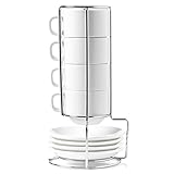 HUJI Stack-able Porcelain 4 Ounces Espresso Turkish Coffee Cups and Saucer with Chrome Rack (1)