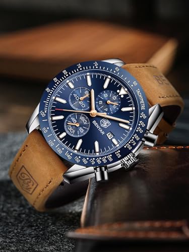 BENYAR - reloj hombres con movimiento de cuarzo, 30 m, resistente al agua, correa de cuero, cronógrafo, reloj analógico, reloj de negocios, resistente a los arañazos