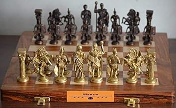 Shoro Hand Crafted Roman Brass Chess Set with Wooden Board