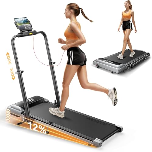 Acezoe Foldable Walking Pad with 12% Incline & Height-Adjustable Handlebar, 5-in-1 Under Desk Treadmill for Home & Office, Portable Tapis Roulant with Remote Control, APP & LED Display