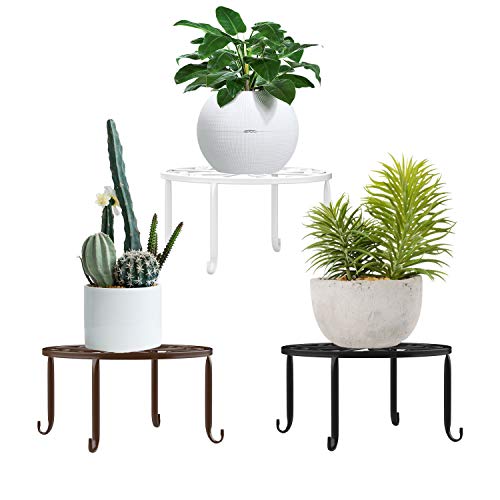 Lewondr Potted Plant Stand, [3-Pack] Indoor Iron Flowerpot Holder Rustproof Durable Metal Garden Container Outdoor Decorative Round Supports for Planter – White + Black + Chocolate