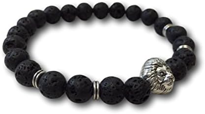 Lava Stone Bracelet - Buddha, Lion - EXECUTIVE SOCIETY - Men / Women, 8mm, Black, Silver, Gold (Silver Lion)