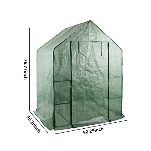 LINLUX Large Portable Walk-in Plant Greenhouse with PE Cover, 2 Tiers 8 Shelves Waterproof Gardening Steeple Greenhouse, Window Version and Roll-Up Zipper Door (56" W x 56" D x 77" H Inch)