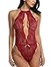 Avidlove Lingerie for Women Lace Teddy One Piece Halter Babydoll Bodysuit Wine Red M